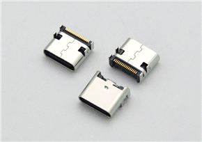 Type-C 16-pin female socket, one-piece style, board-mounted with four-legged insert, 7.60mm length, 1.62mm pitch, featuring surface mount technology (SMT) terminals, and a center cli